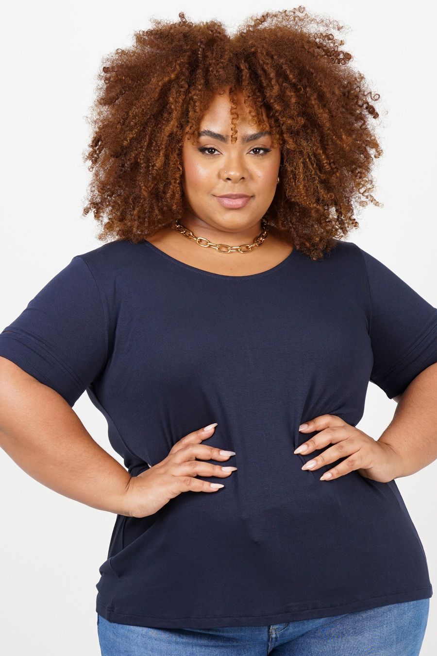 Blusa  com fenda na manga plus size azul marinho