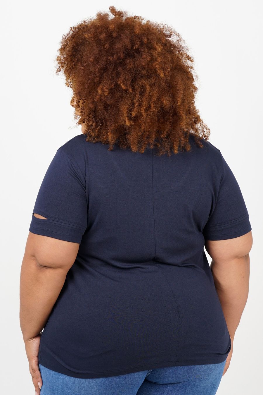 Blusa  com fenda na manga plus size azul marinho