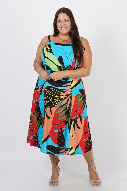 Vestido midi estampado com bolso plus size azul