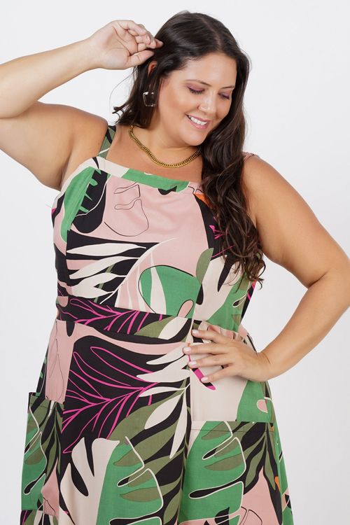 Vestido midi estampado com bolso plus size rosa