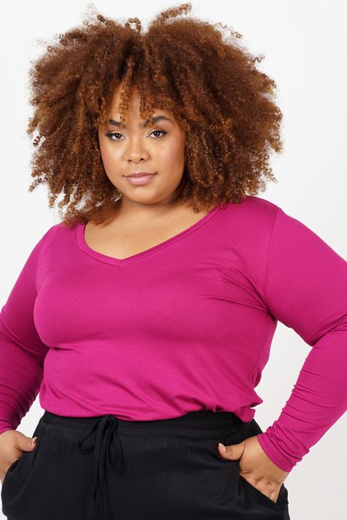 Blusa manga longa básica decote v plus size roxa