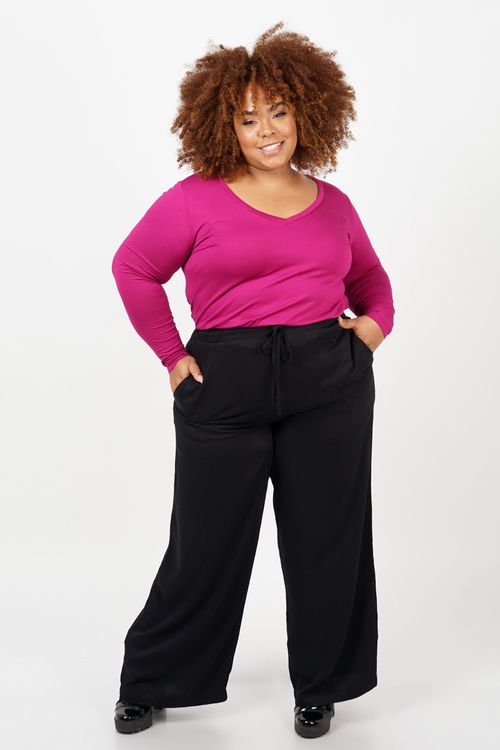 Blusa manga longa básica decote v plus size roxa