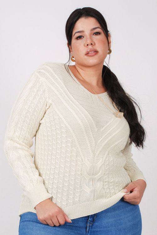 Blusa tricot  decote v plus size bege