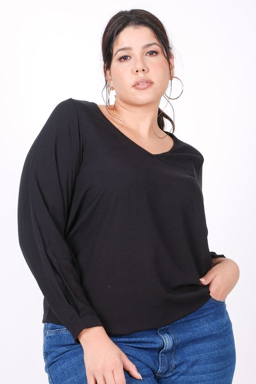 Blusa manga longa viscose plus size preto