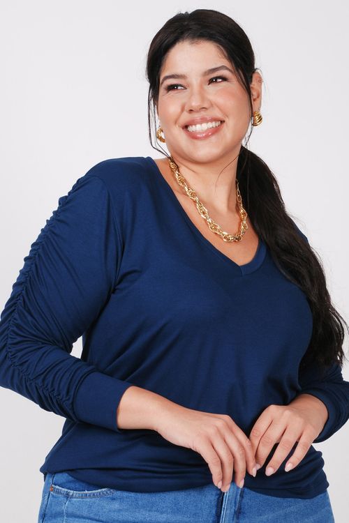 Blusa manga longa franzida plus size azul marinho