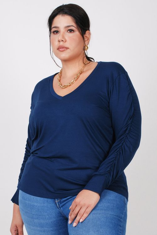 Blusa manga longa franzida plus size azul marinho