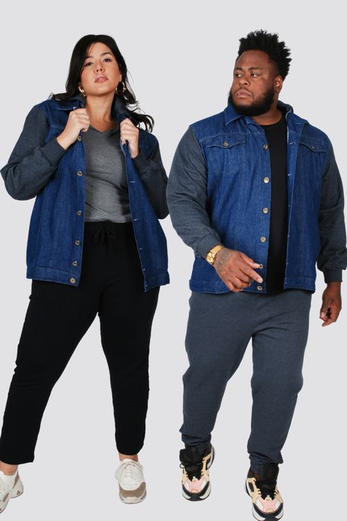 Jaqueta jeans com  moletom plus size. jeans blue