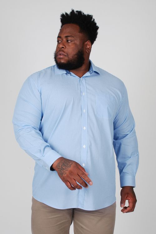 Camisa manga longa tricoline listrado plus size azul