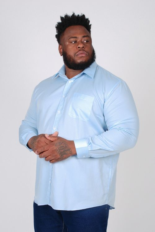 Camisa manga longa tricoline maquinetada plus size azul