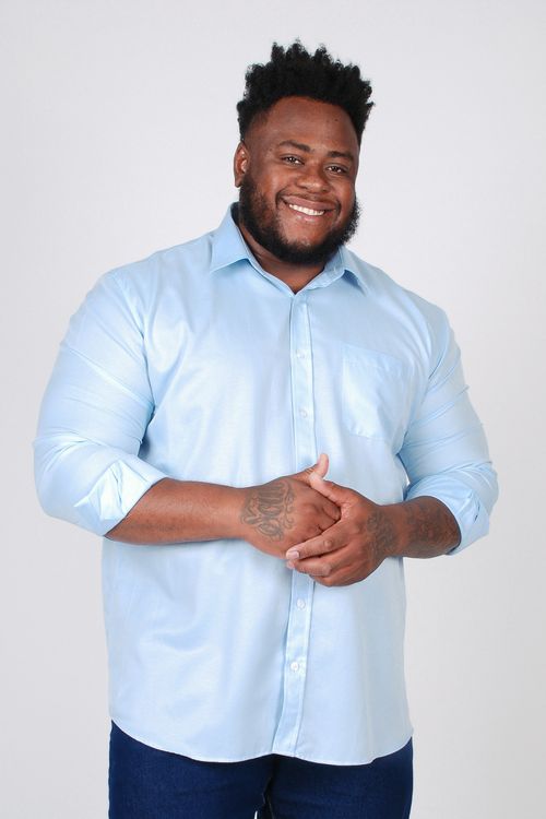 Camisa manga longa tricoline maquinetada plus size azul