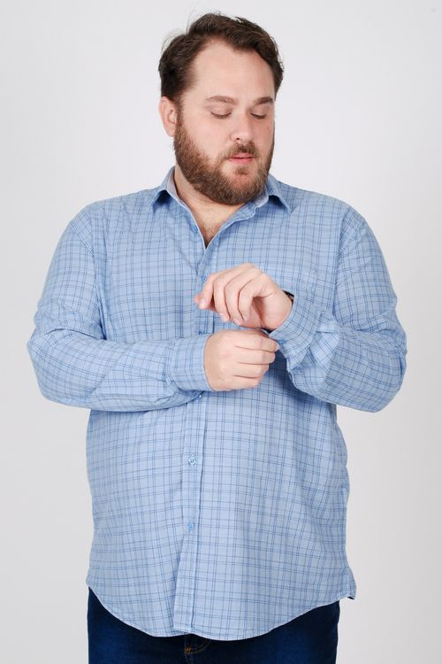 Camisa manga longa tricoline xadrez plus size azul marinho