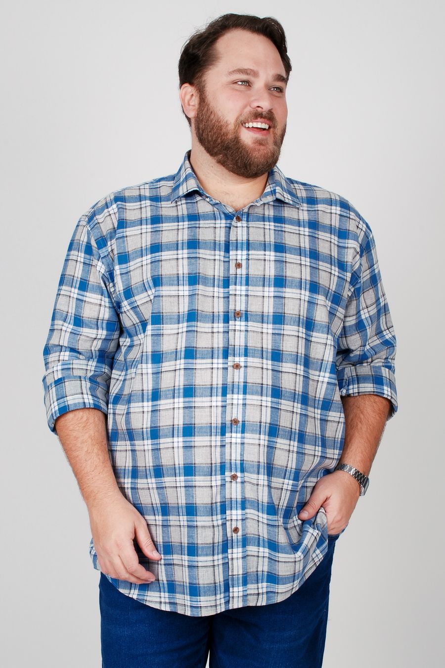 Camisa manga longa xadrez plus size azul