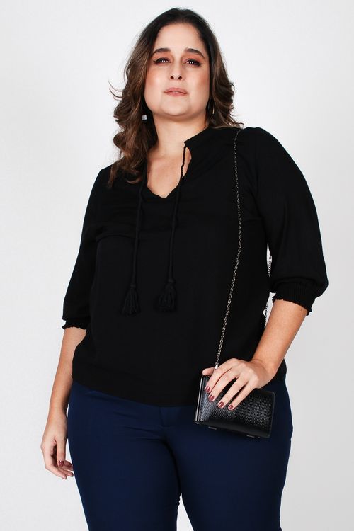 Blusa gola padre com cordão plus size preto