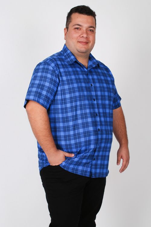 Camisa manga curta xadrez plus size azul