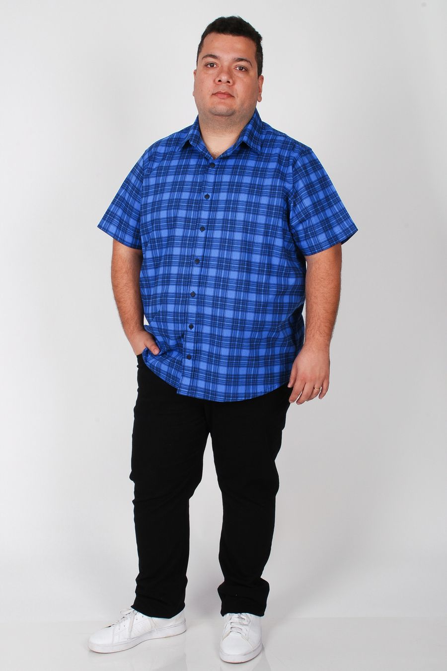 Camisa manga curta xadrez plus size azul