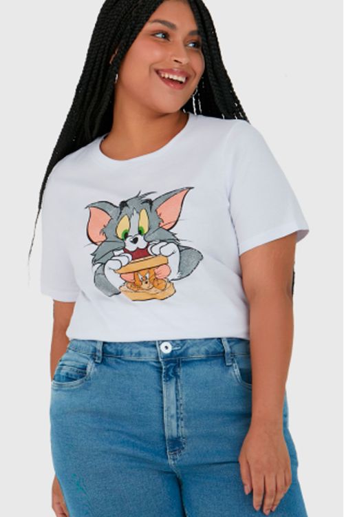 Blusa T-Shirt Branca Tom e Jerry Plus Size