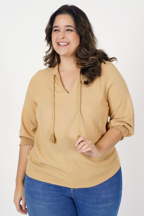 Blusa gola padre com cordão plus size kaki