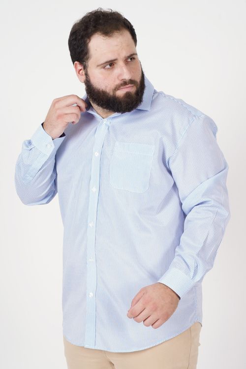 Camisa  masculina plus size   tricoline listrado plus size azul