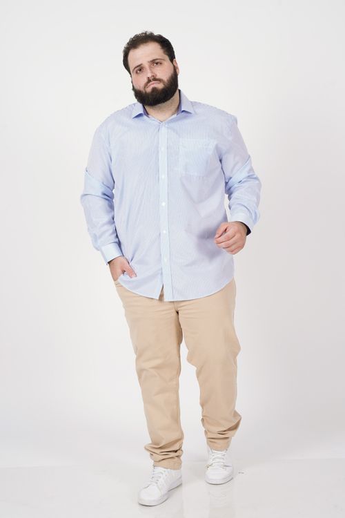 Camisa  masculina plus size   tricoline listrado plus size azul