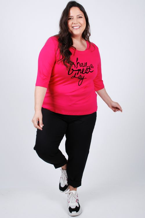 Blusa manga com estampa plus size rosa