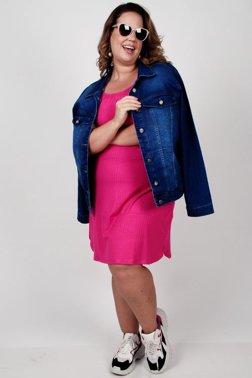 Vestido curto liso canelado plus size rosa