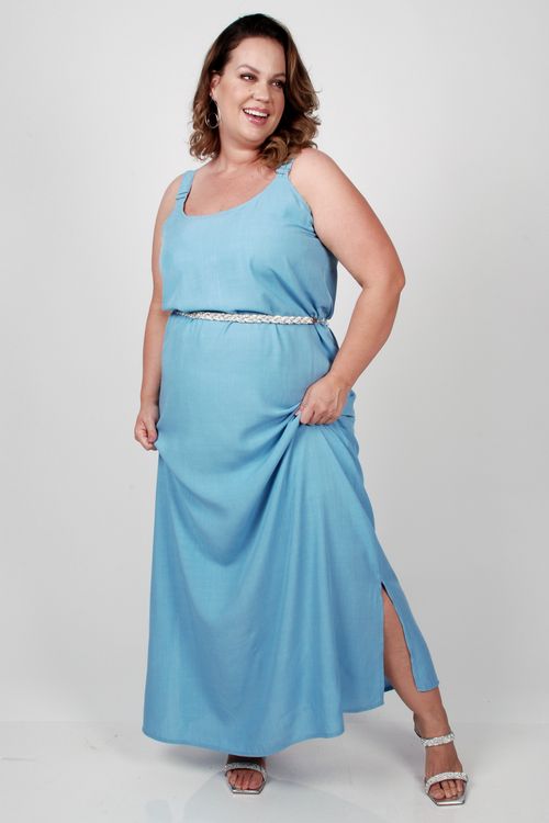Vestido liso longo de alça plus size azul