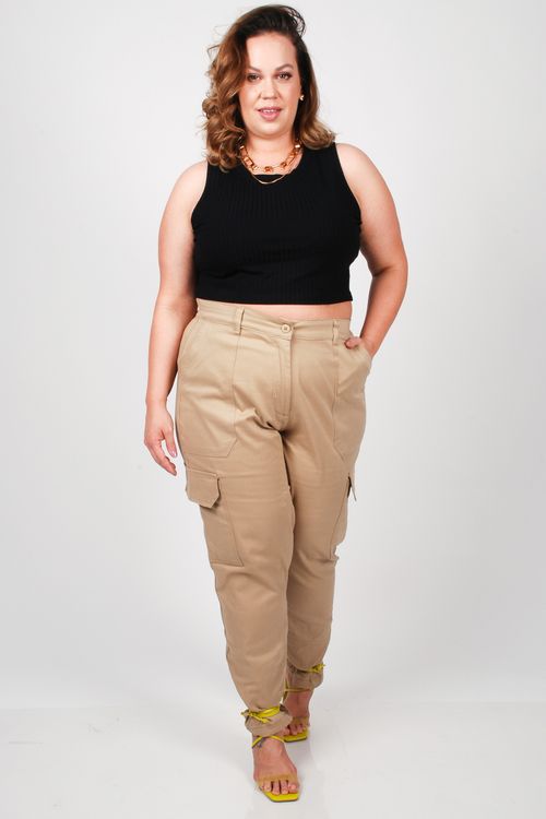 Calça de sarja cargo plus size kaki