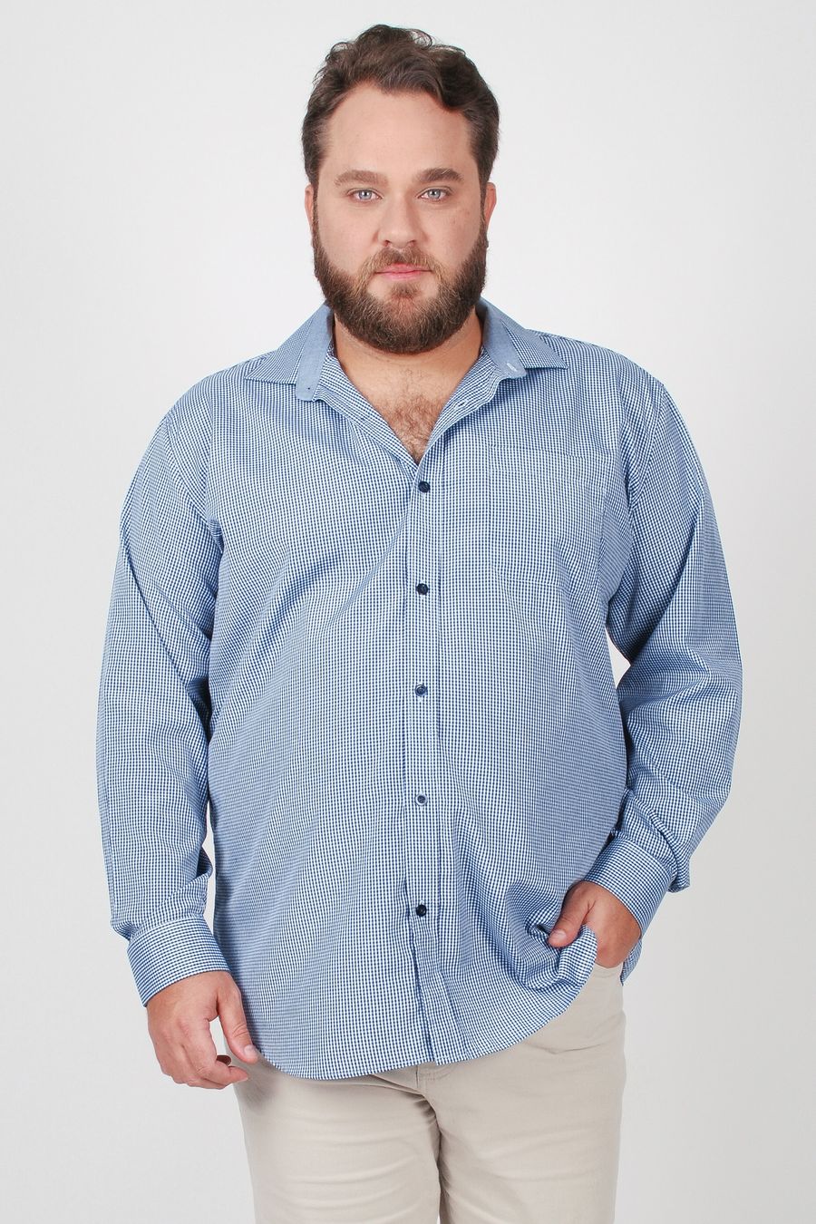 Camisa tricoline xadrez  plus size azul