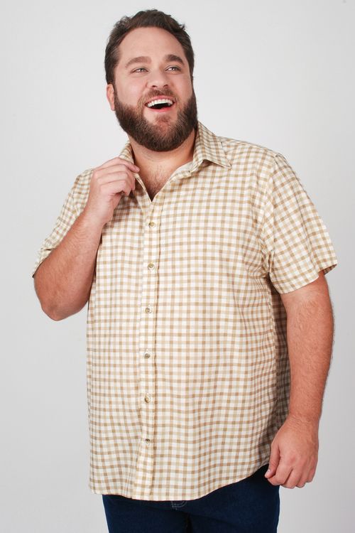 Camisa manga curta  xadrez plus size bege