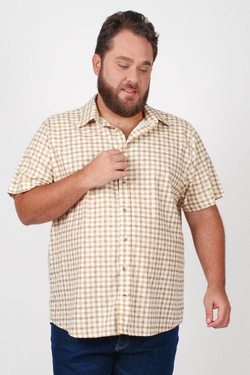 Camisa manga curta  xadrez plus size bege