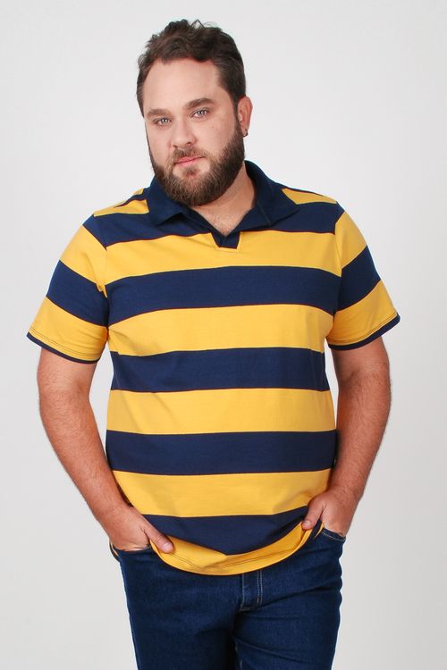 Camiseta polo  listrada plus size azul marinho