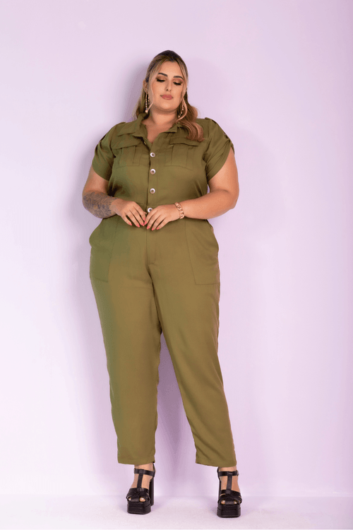 Macacão Longo Brenda Bolso Verde Militar Plus Size