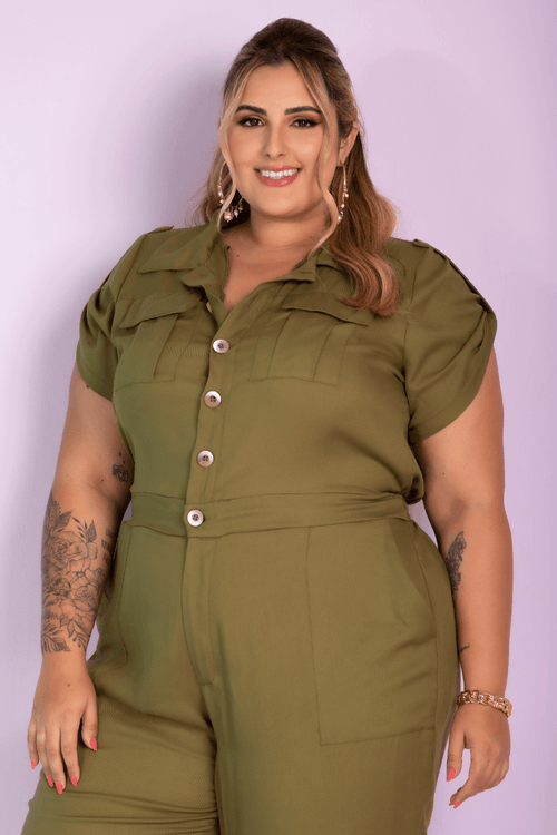 Macacão Longo Brenda Bolso Verde Militar Plus Size