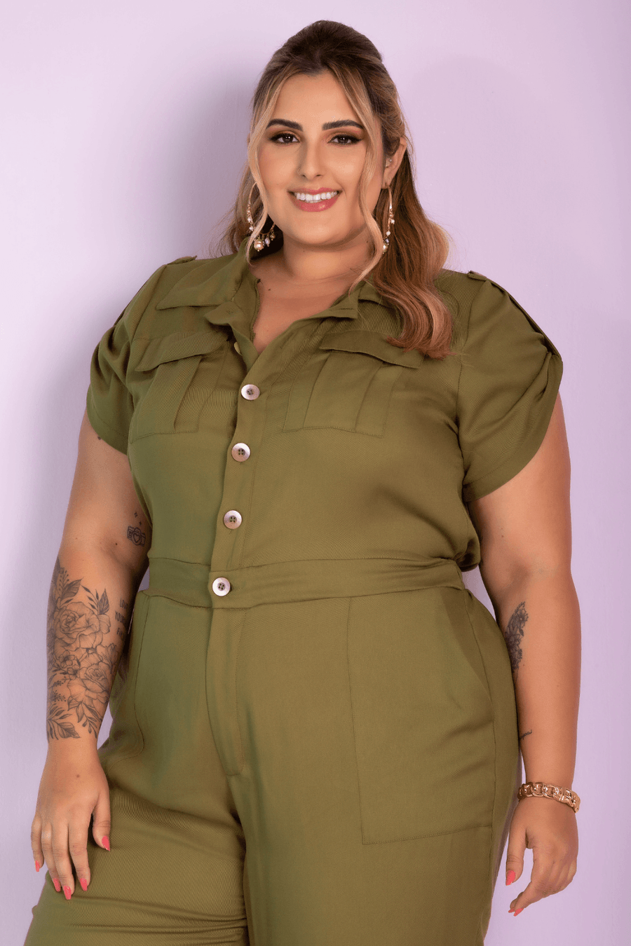 Macacão Longo Brenda Bolso Verde Militar Plus Size