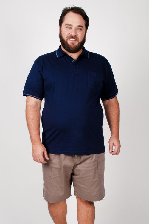 Polo em algodão e friso contrastante plus size azul marinho