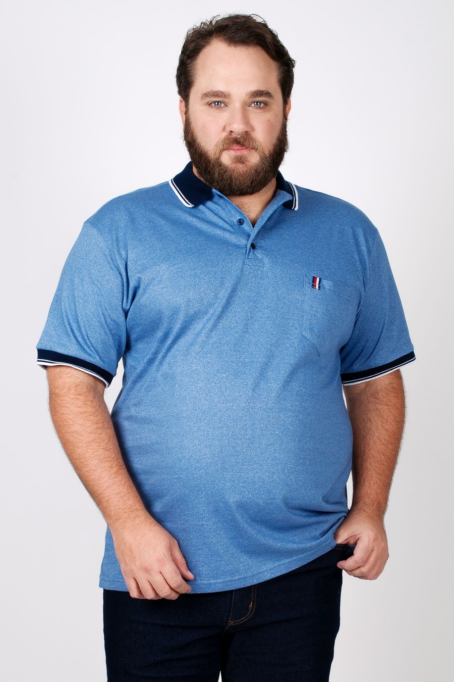 Polo em malha mesclada com gola e punho contrastante plus size azul