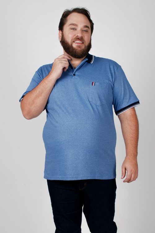 Polo em malha mesclada com gola e punho contrastante plus size azul