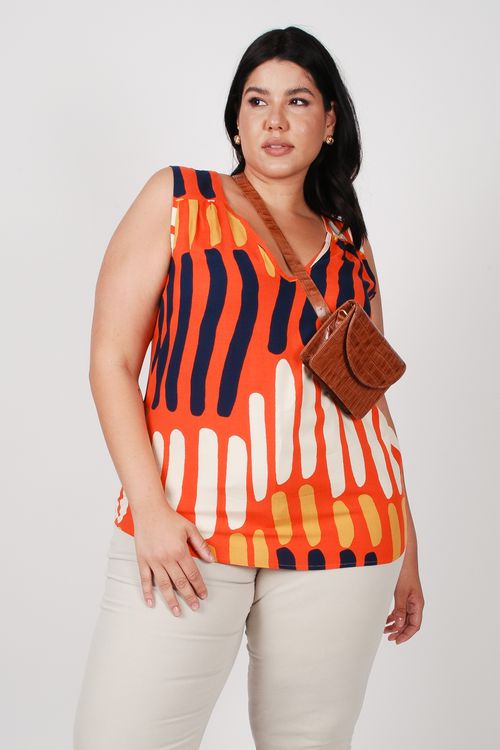 Regata em viscose estampada plus size laranja