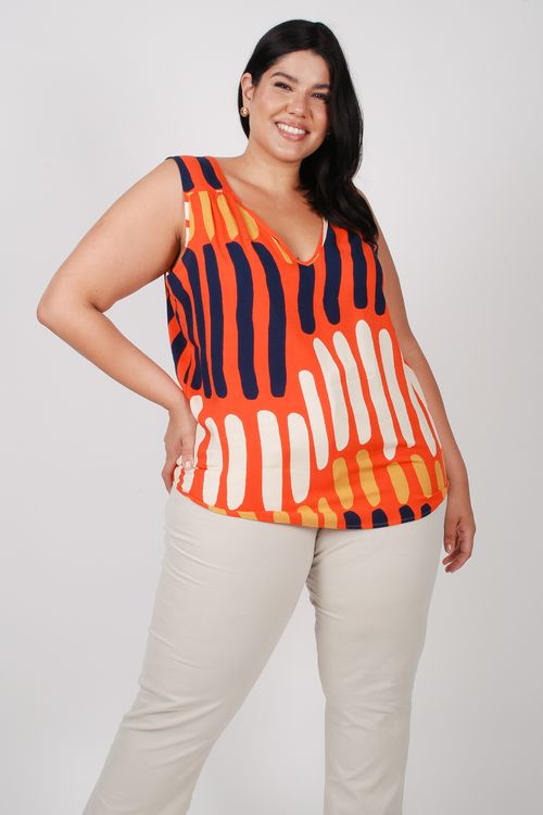 Regata em viscose estampada plus size laranja