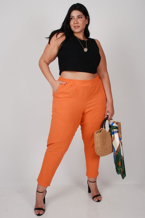 Calça cós com elastico feminina plus size laranja