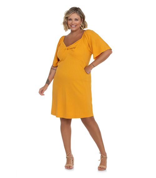 Vestido Plus Size Ribana Canelada Secret Glam Amarelo