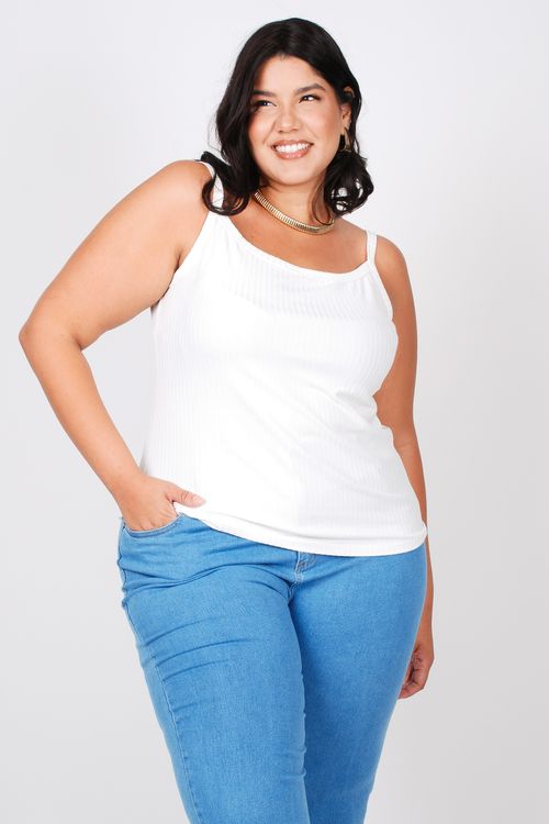 Regata em malha canelada plus size off white