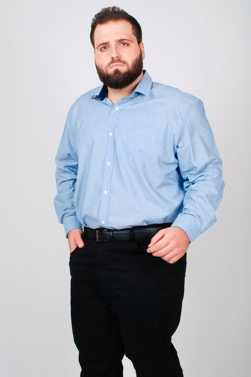 Camisa manga longa micro listrado plus size azul