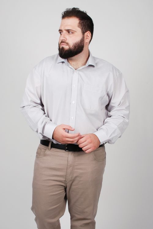 Camisa manga longa tricoline listrada plus size cinza