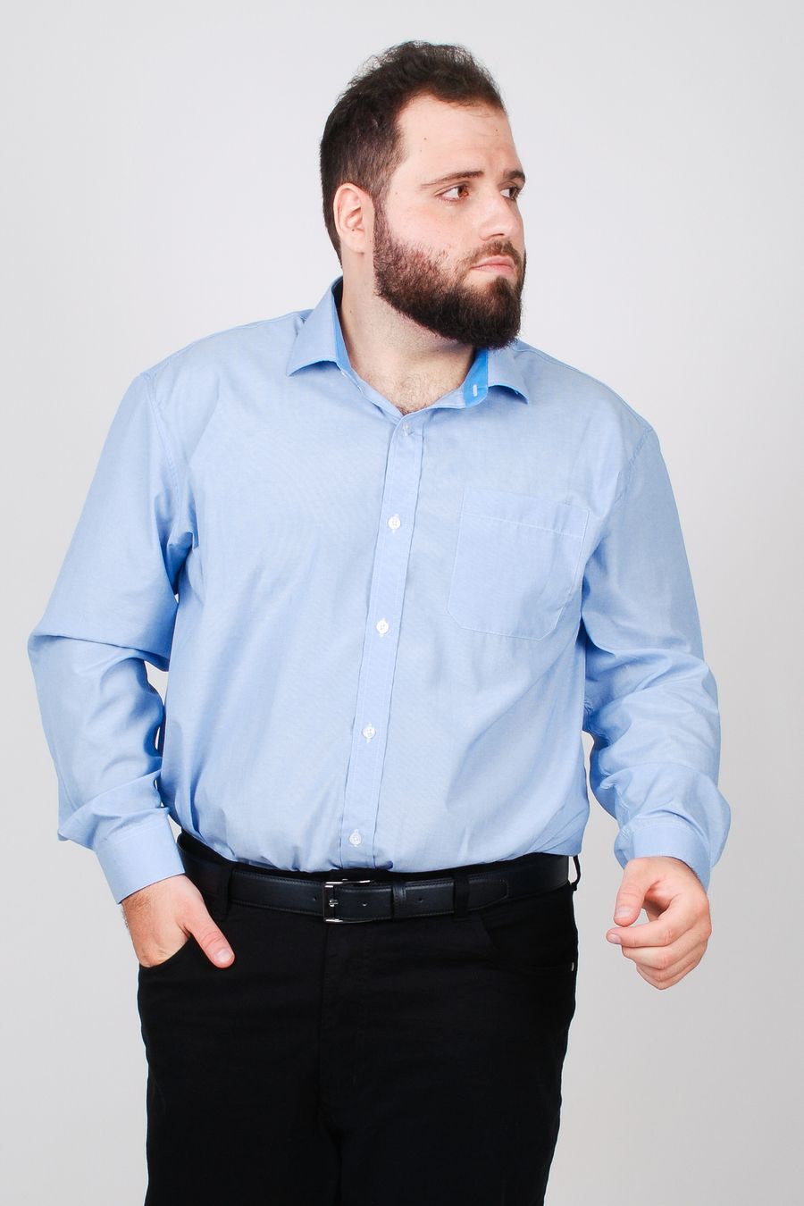 Camisa manga longa tricoline listrada plus size azul