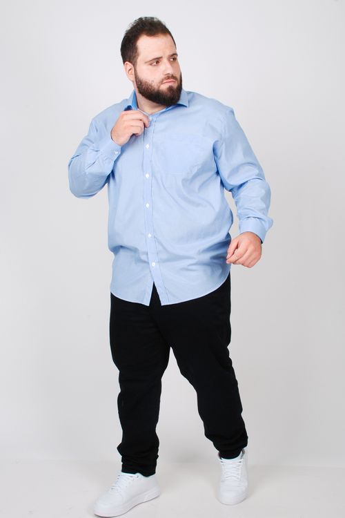 Camisa manga longa tricoline listrada plus size azul