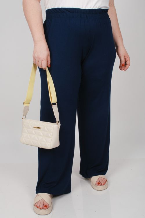 Calça pantalona em malha plus size azul marinho