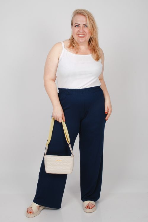 Calça pantalona em malha plus size azul marinho