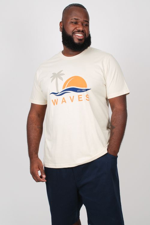 Camiseta em malha com estampa 'wave' plus size bege