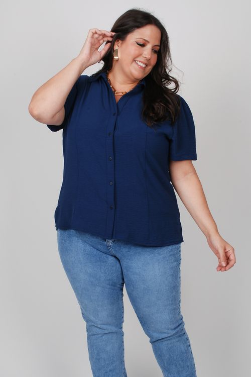 Camisa lisa manga curta plus size azul marinho